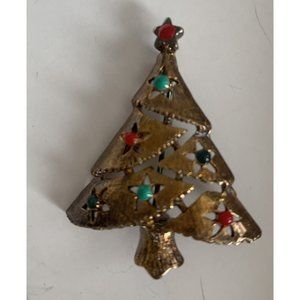 Vintage Eisenberg Ice Colorful Rhinestone Christmas Tree Brooch Pin Gold Tone